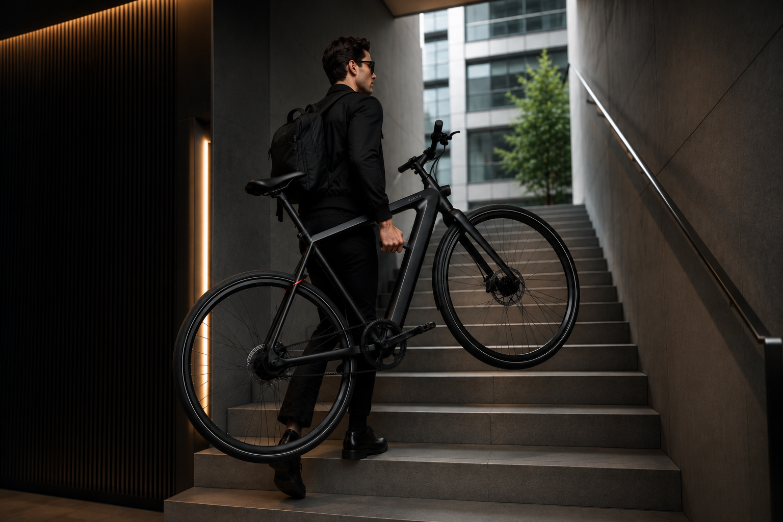 R1 carried up a city stairwell