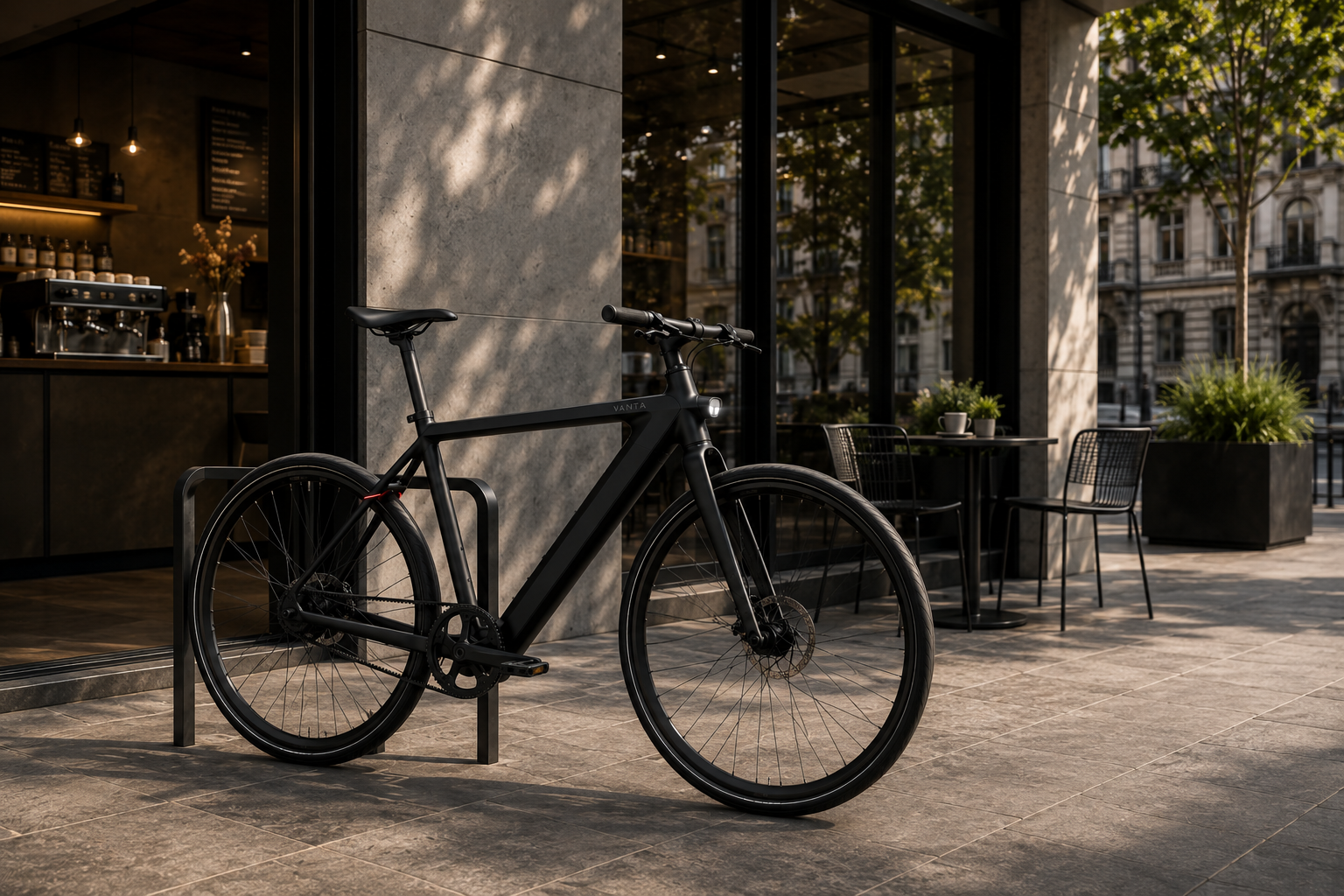 R1 parked outside a city cafe