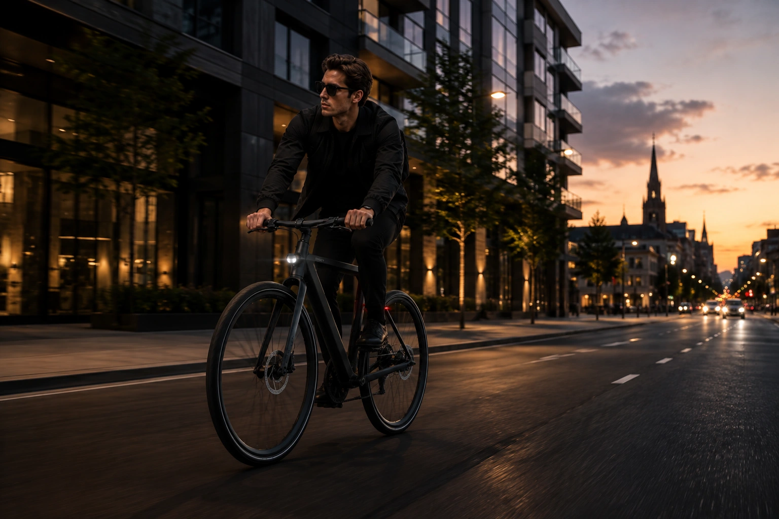 A VANTA rider moving through a European city at dusk